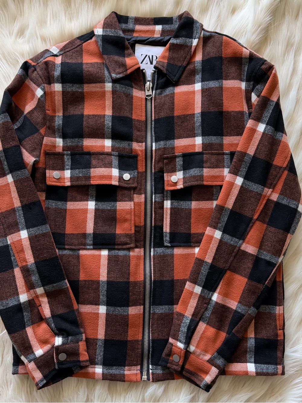 ZARA Men’s Black & Orange Plaid Shirt Jacket